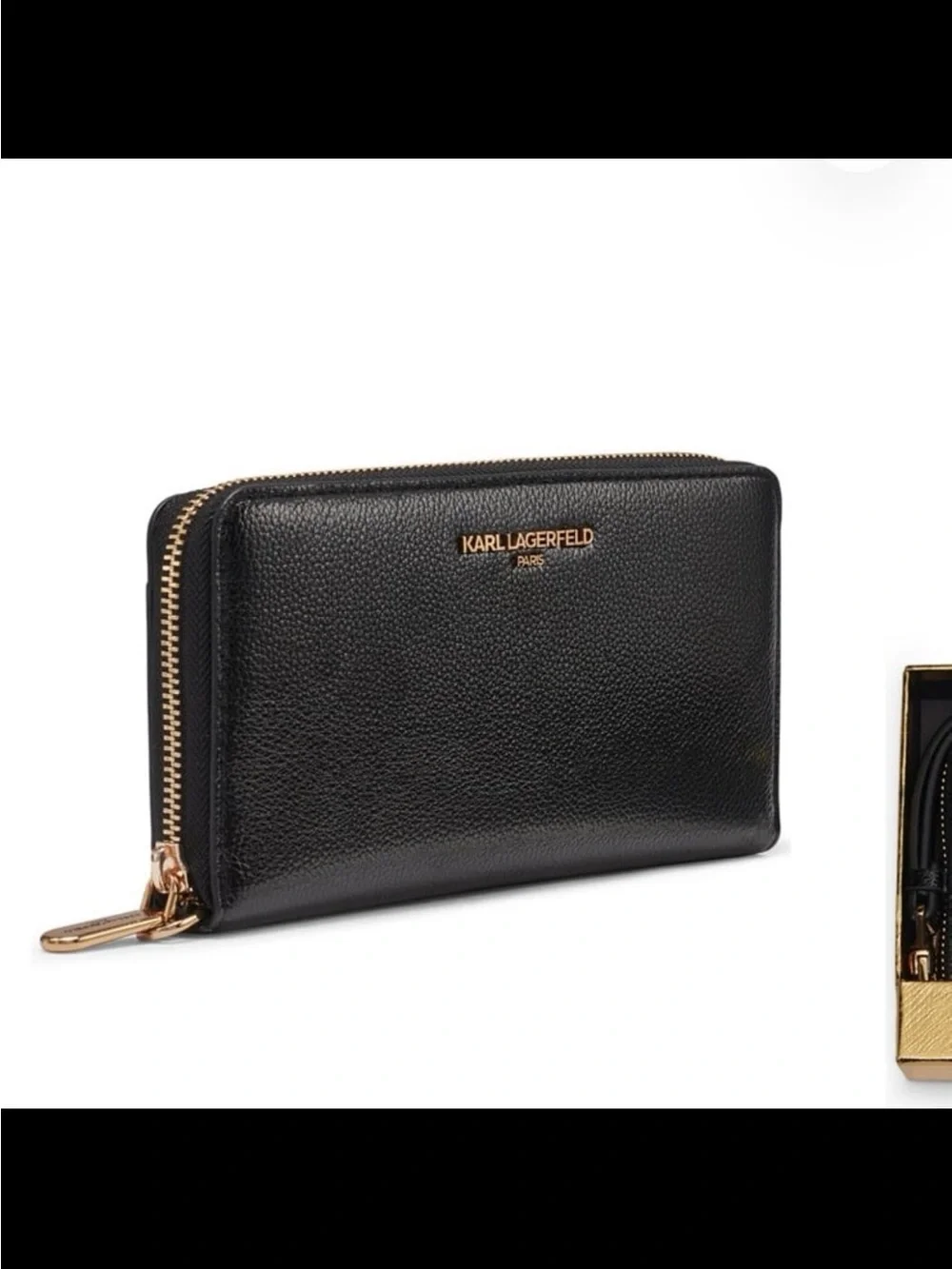 Karl Lagerfeld Black Pebbled Leather Zip Wristlet with Gold Logo